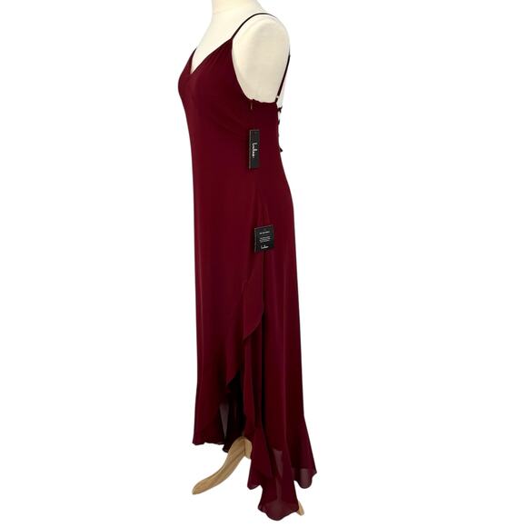 NWT Lulus Ada Lace-Up Maxi Dress Size L Burgundy Babydoll Asymmetric Ruffle Hem - Picture 6 of 16